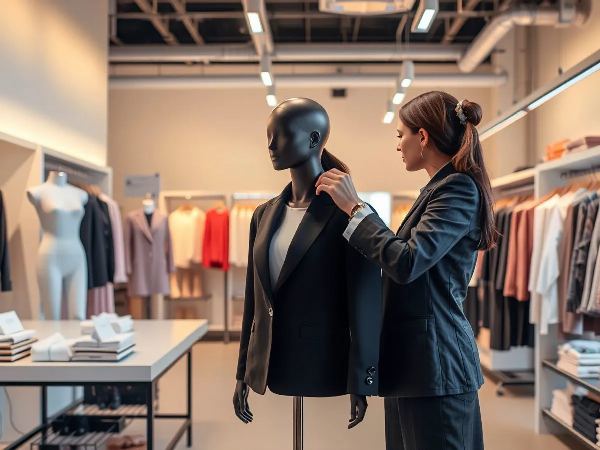 温妮品牌女装门店陈列展示,模特穿着当季服装,货架整齐,灯光柔和